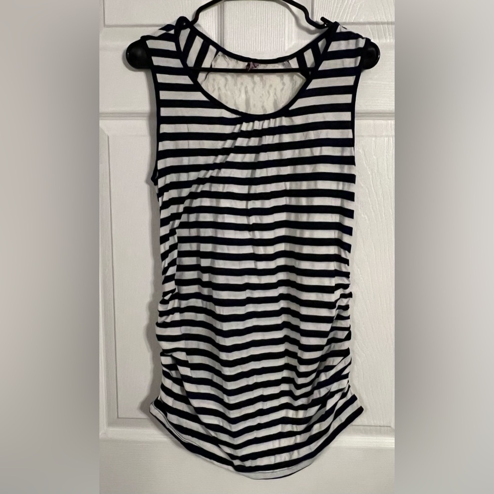 Mom’s The Word Women’s Maternity Striped Tank W/Lace Detail On Back Navy & White